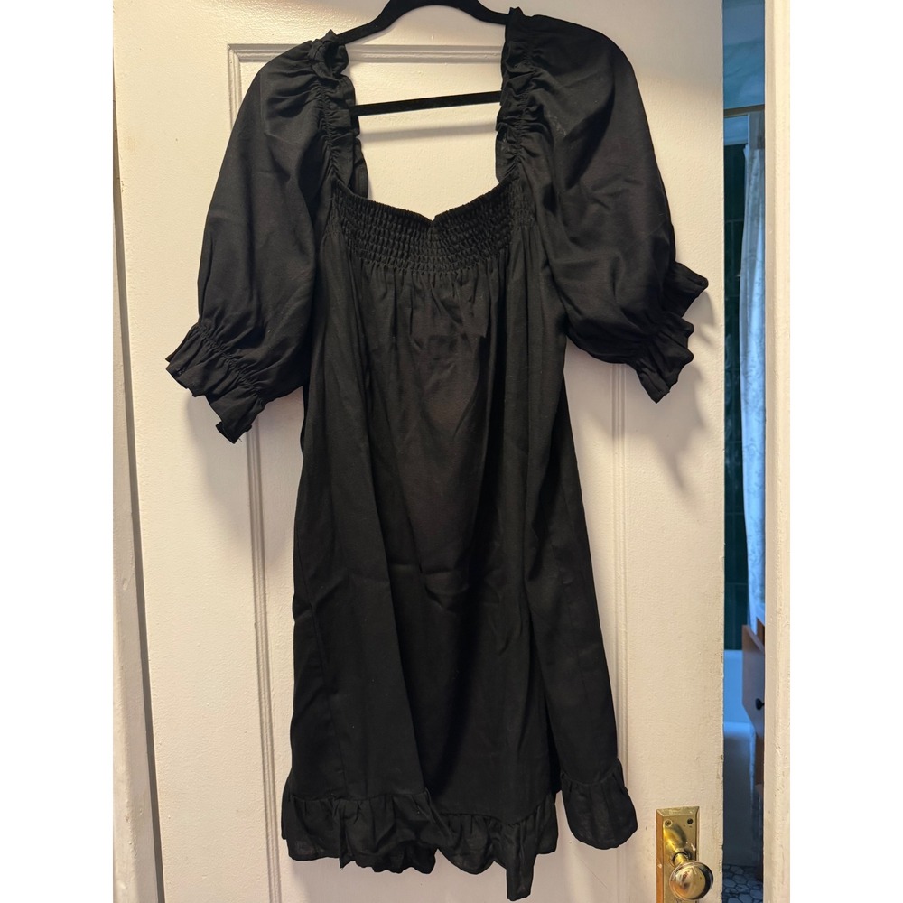 Eloquii Black Linen Blend Smocked Puff Sleeve Ruffle Mini Dress‎ Plus Size 18/20